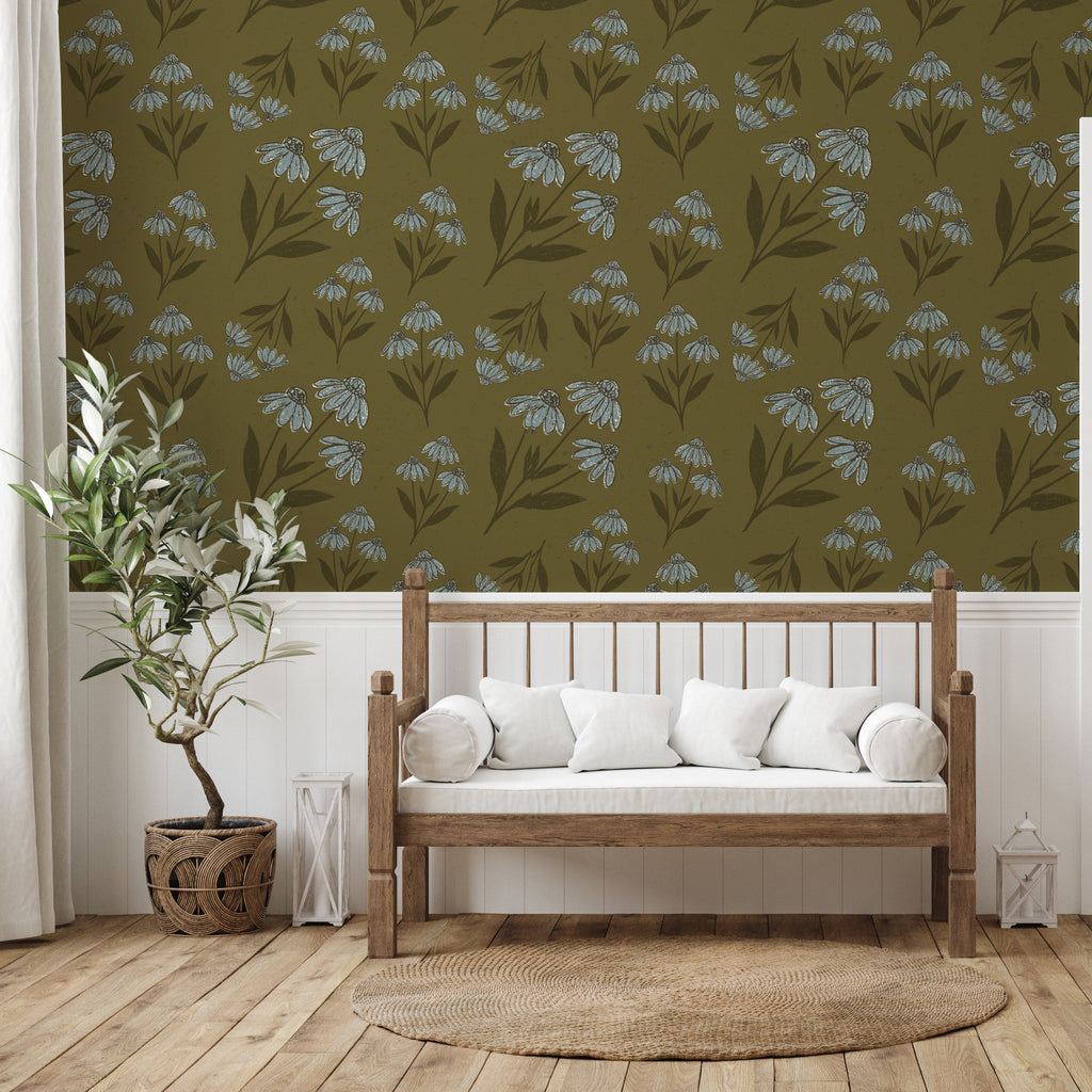 Close up of Ellery floral wallpaper featuring olive green, terracotta, and sage green botanical patterns on cream background.