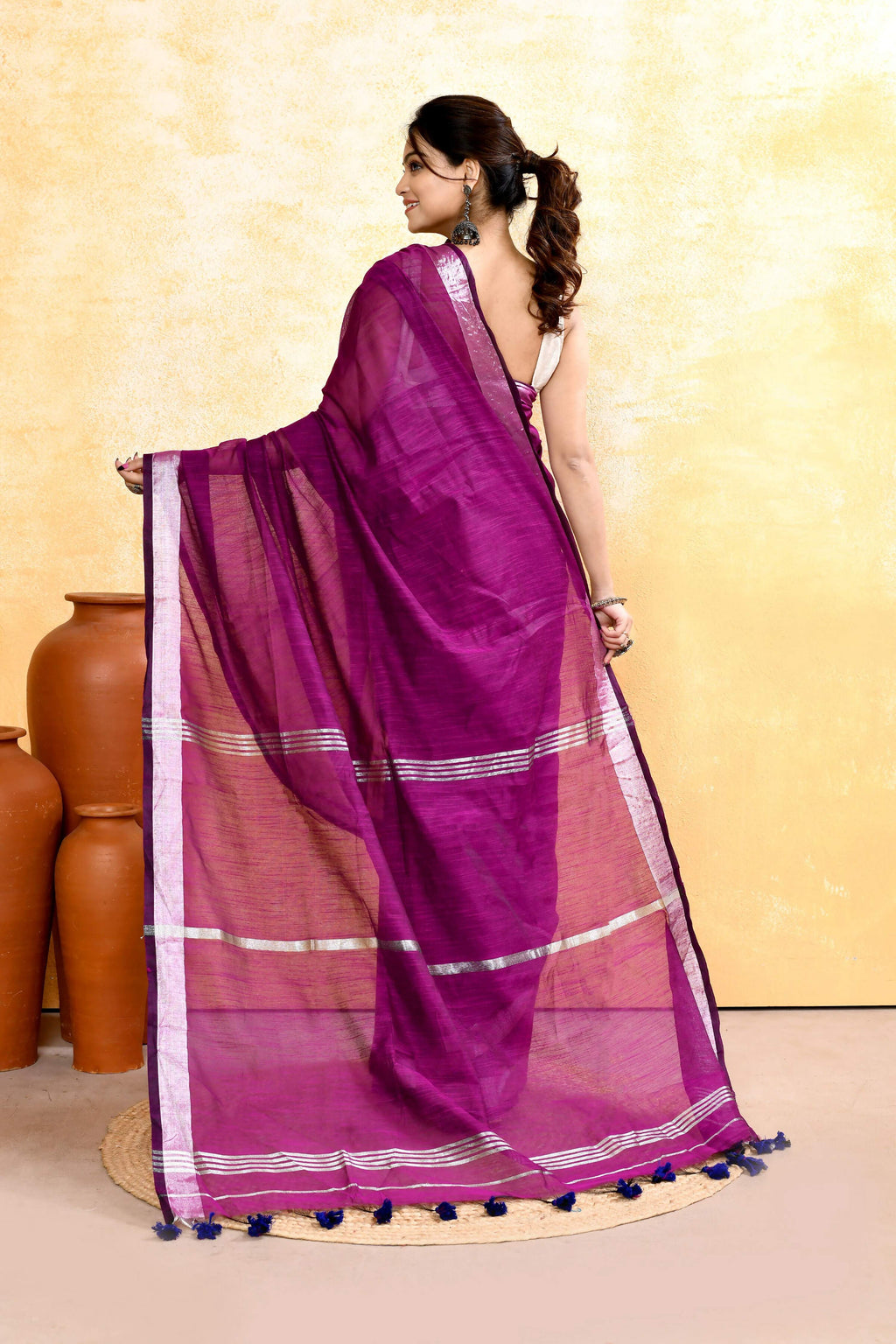 Magenta Cotton Blend Handloom Saree with Embellished Zari Border