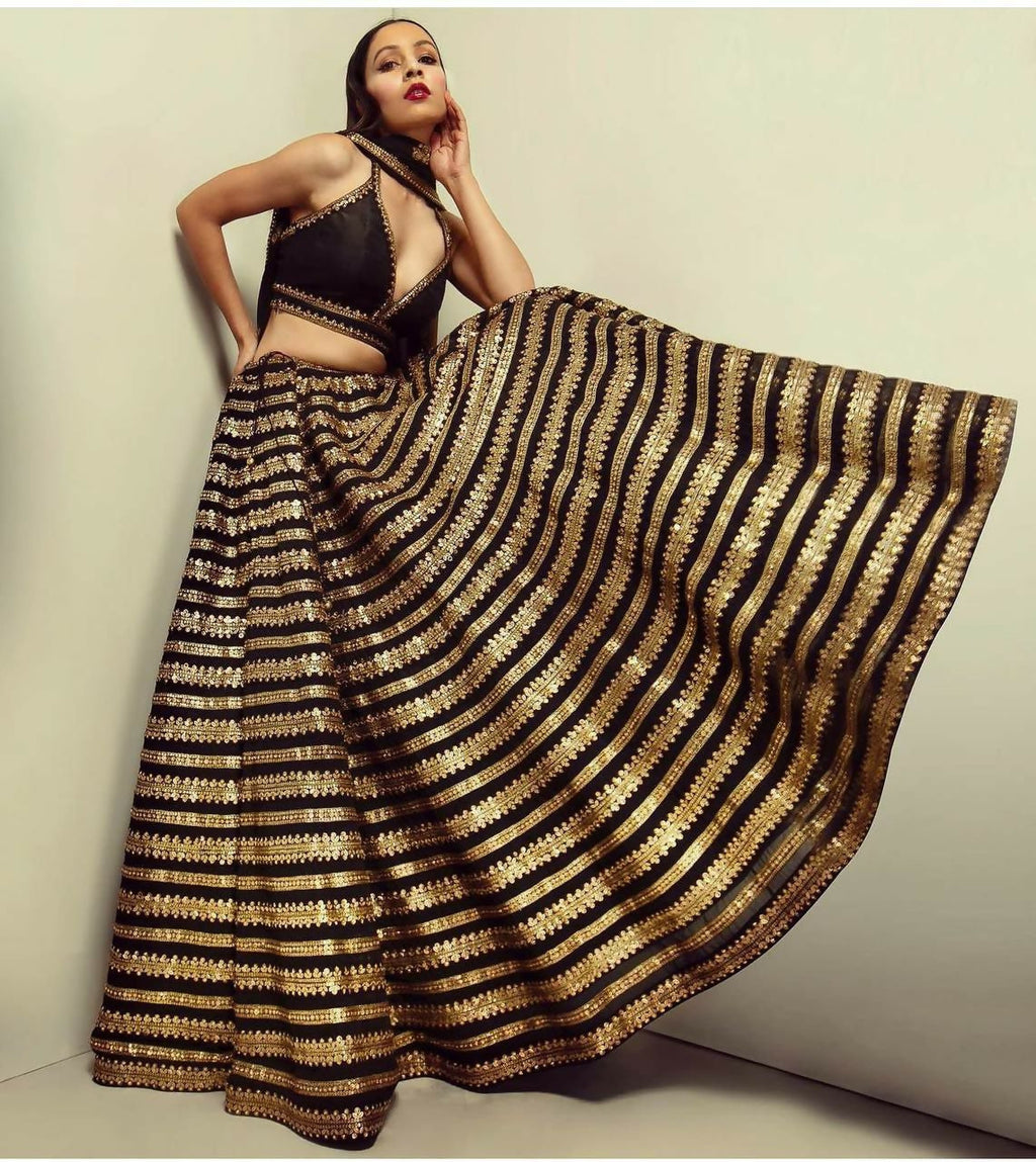 Fully stitched black Kasturi silk lehenga choli with heavy sequins and dori embroidery work