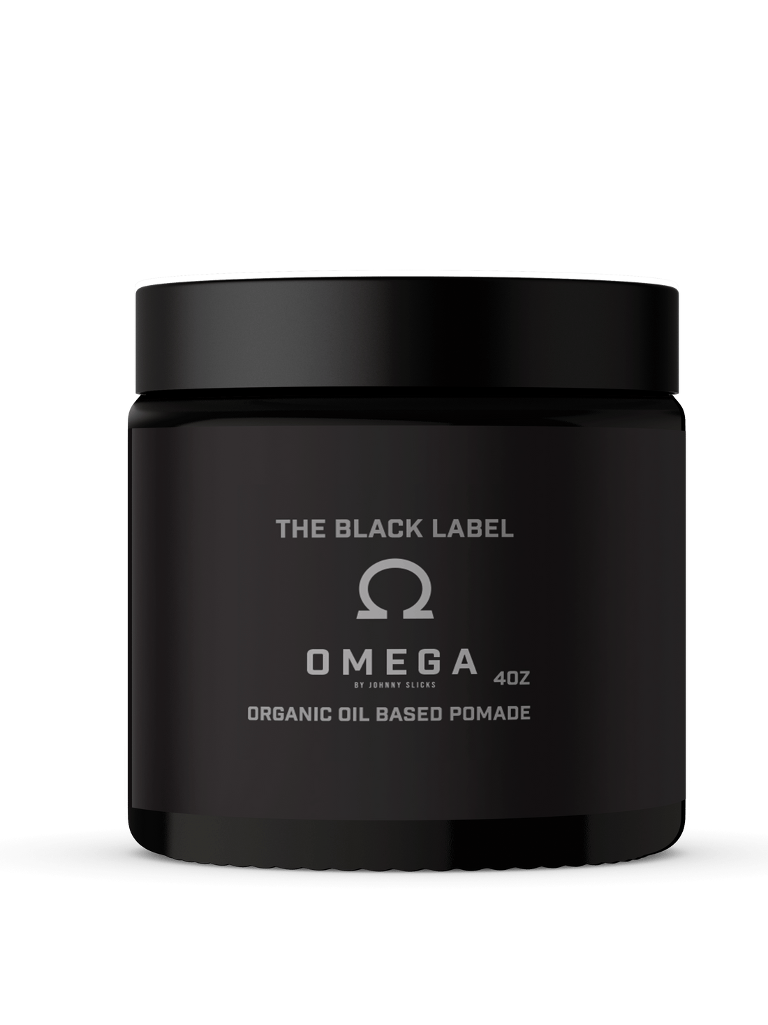 A 4oz jar of Johnny Slicks Omega Black Label Organic Oil Based Pomade in matte black packaging.