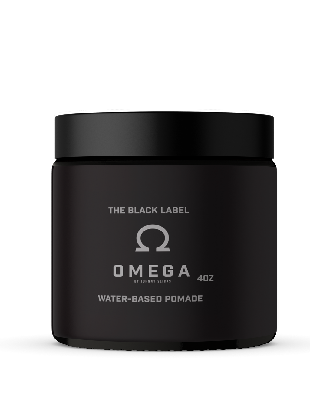 A black jar of Johnny Slicks Omega Water Based Pomade on a white background.