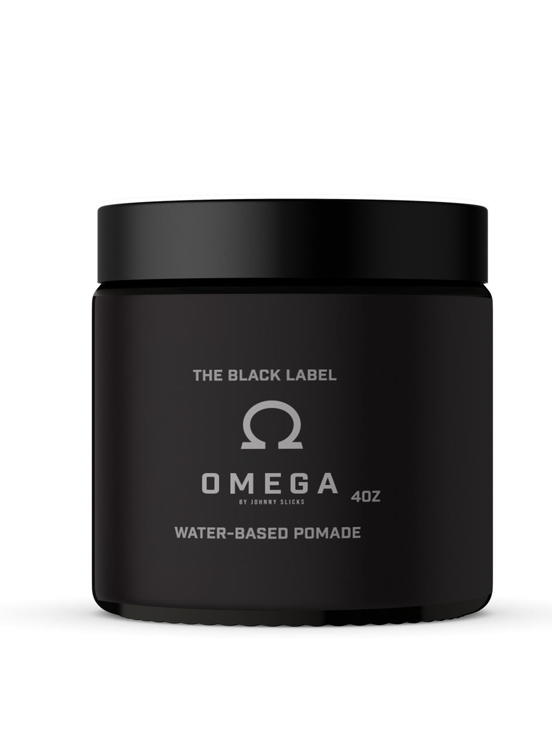 A black jar of Johnny Slicks Omega Water Based Pomade on a white background.