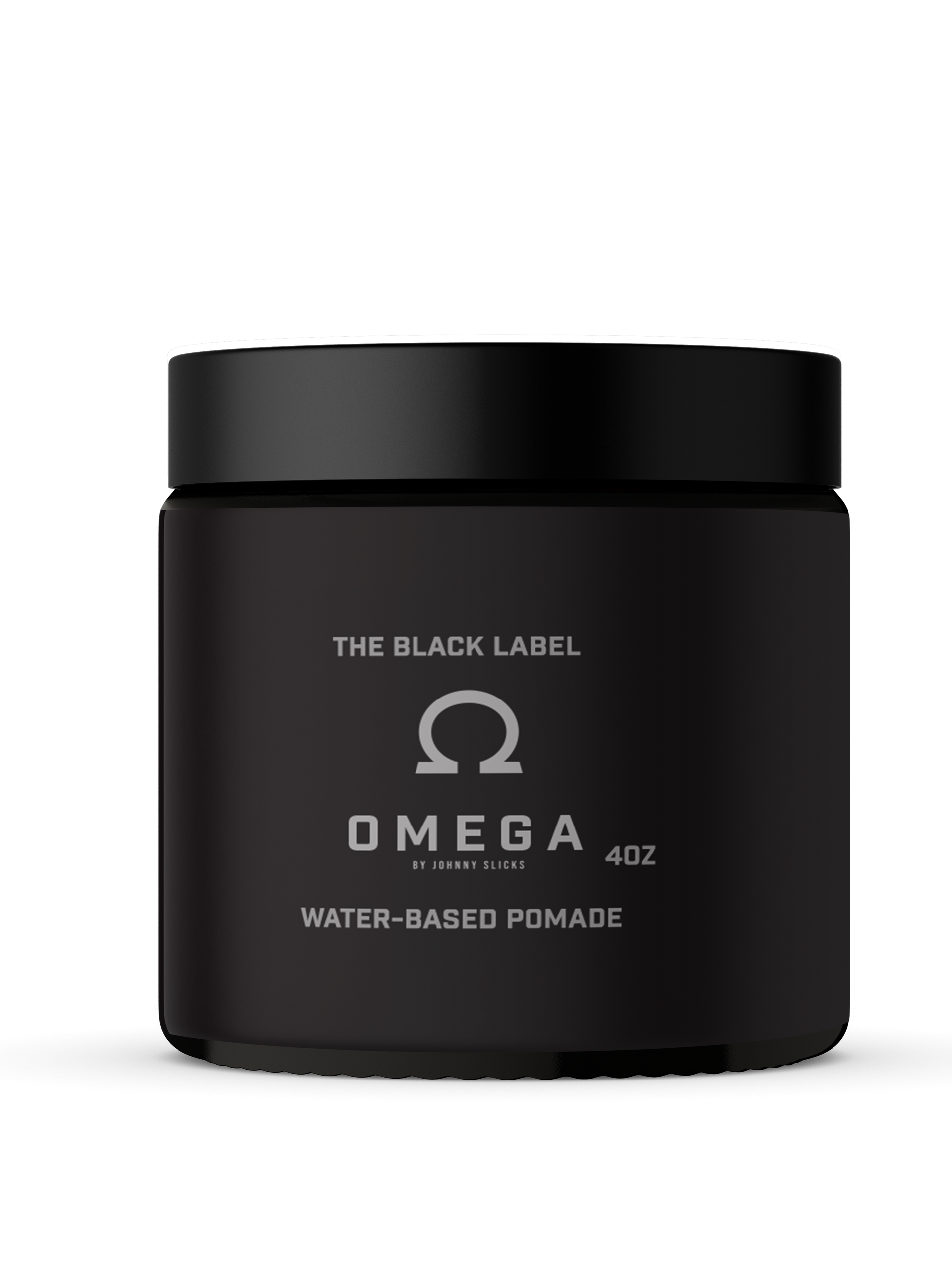 A black jar of Johnny Slicks Omega Water Based Pomade on a white background.