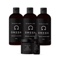 Omega Black Label organic grooming kit including shampoo, body wash, conditioner, pomade, and beard oil.