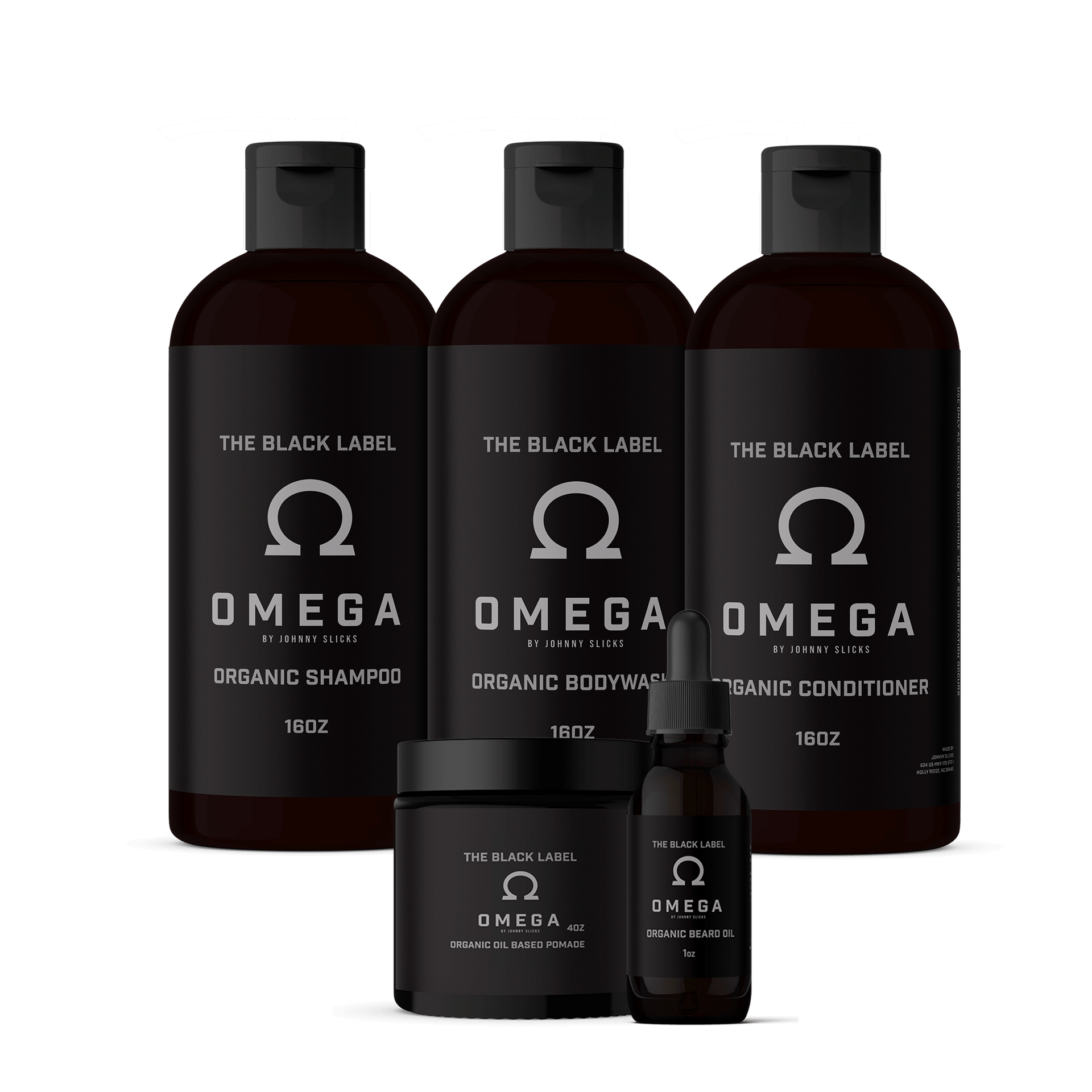 Omega Black Label organic grooming kit including shampoo, body wash, conditioner, pomade, and beard oil.