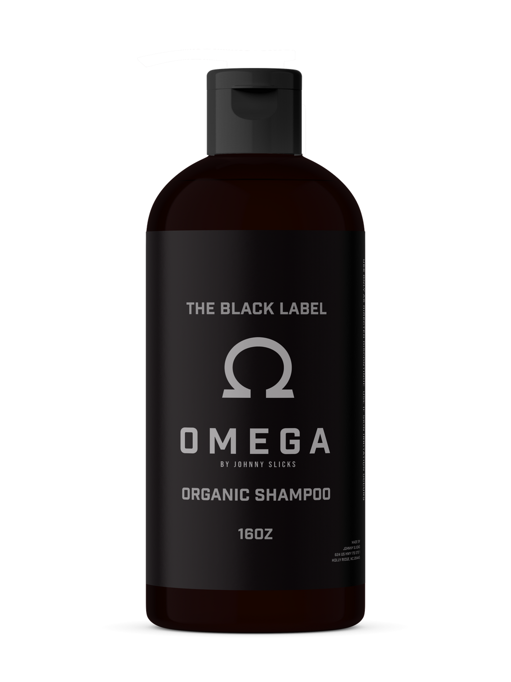 A 16oz bottle of Omega Organic Shampoo with black packaging and minimalist branding.