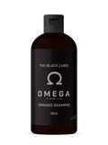 A 16oz bottle of Omega Organic Shampoo with black packaging and minimalist branding.