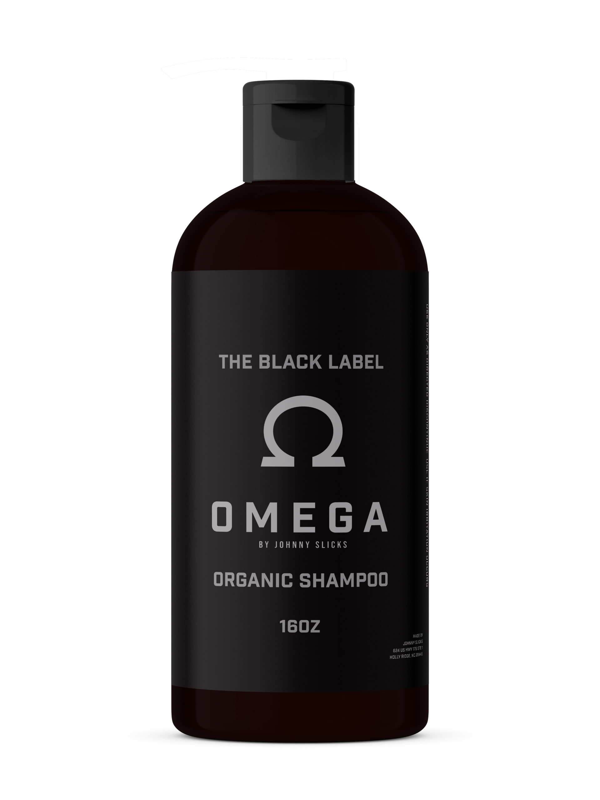 A 16oz bottle of Omega Organic Shampoo with black packaging and minimalist branding.