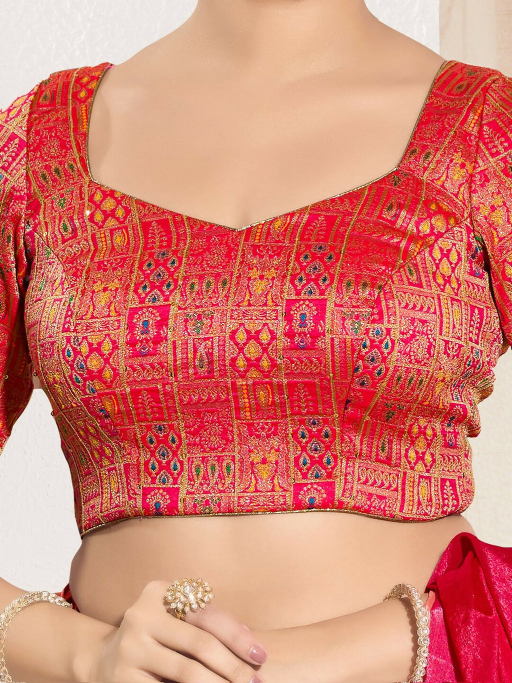 Red Brocade Padded Blouse with Round Neck and Elbow Sleeves