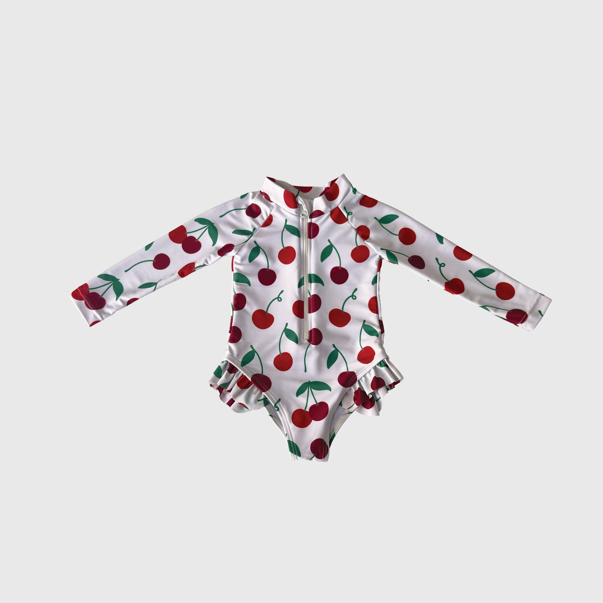 Girl's long sleeve one-piece swimsuit with cherry pattern