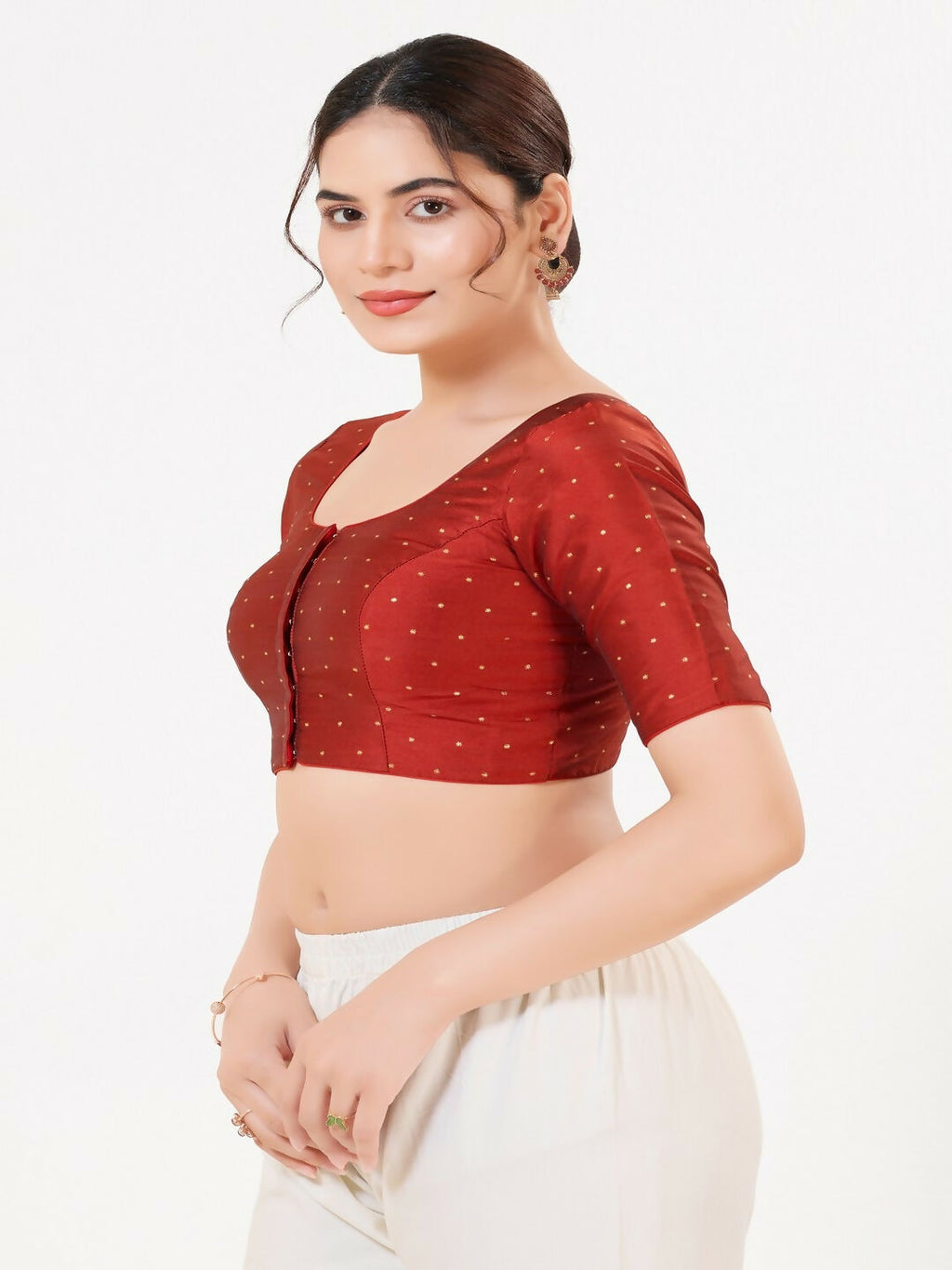 Dark-Red Taffeta Silk Sleeveless Front Open Blouse
