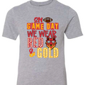 Heather gray youth short-sleeve t-shirt with On Game Day We Wear Red and Gold graphic design including a football and wolf mascot.