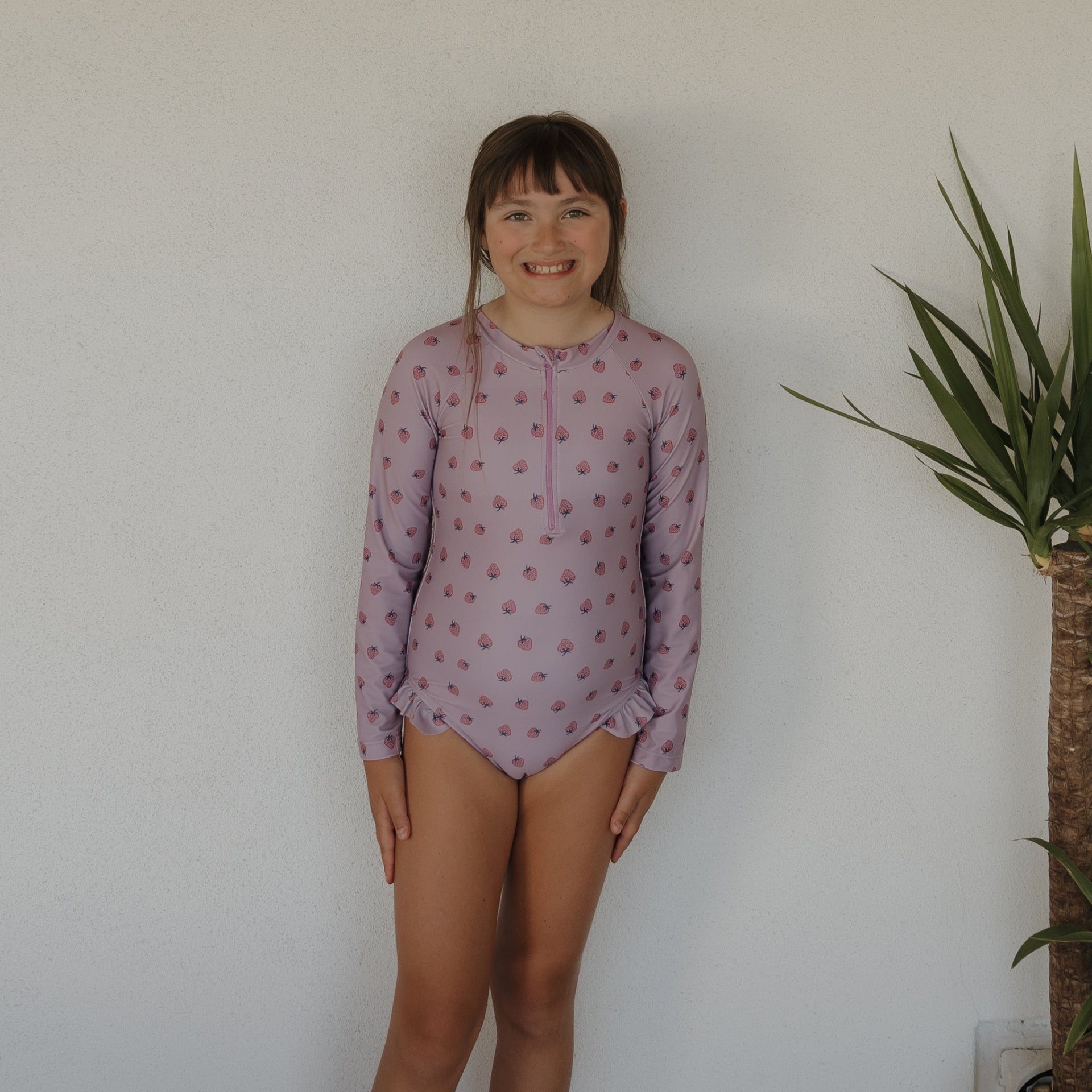 Girl's Long Sleeve One-Piece Swimsuit with Ruffle Detail