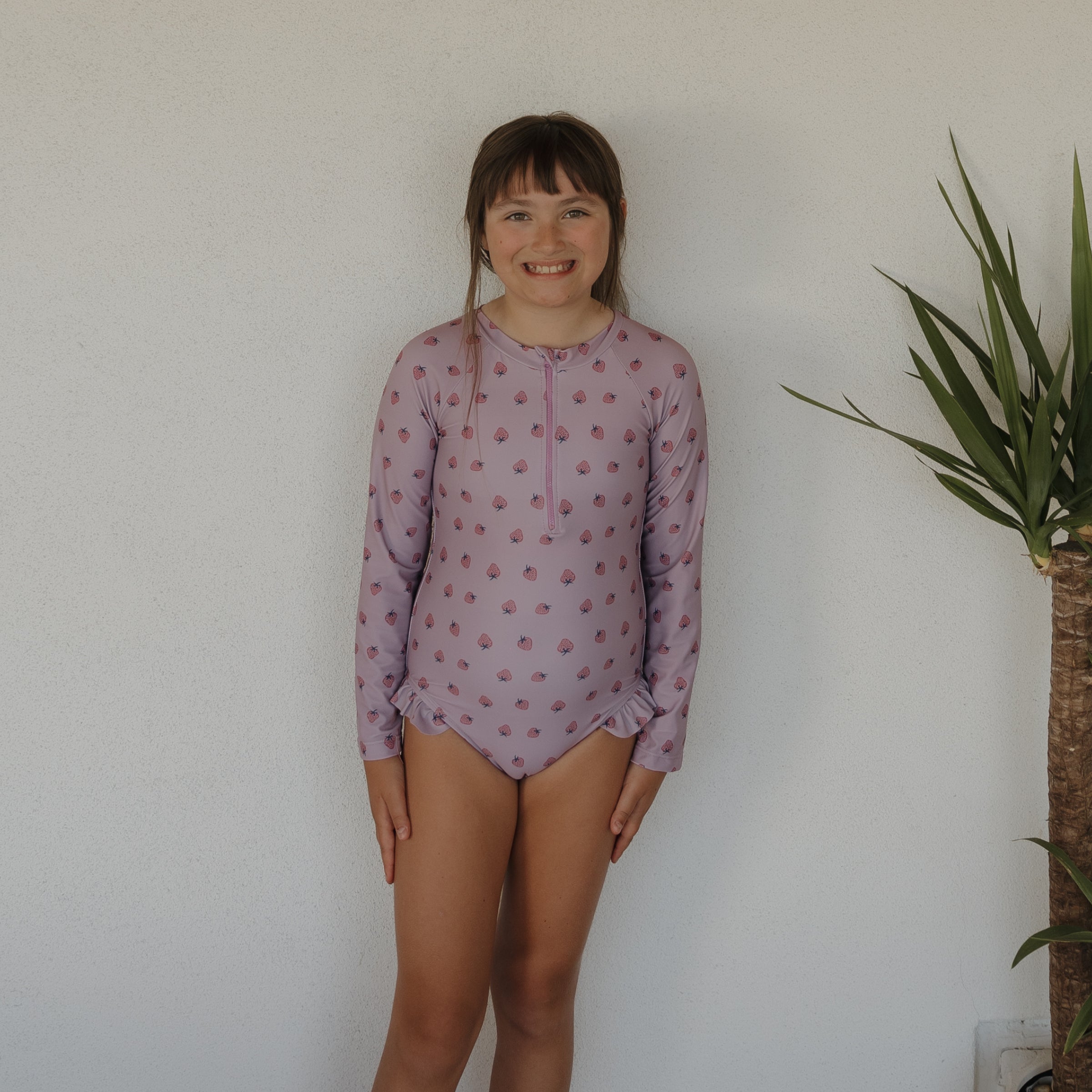 Girl's Long Sleeve One-Piece Swimsuit with Ruffle Detail