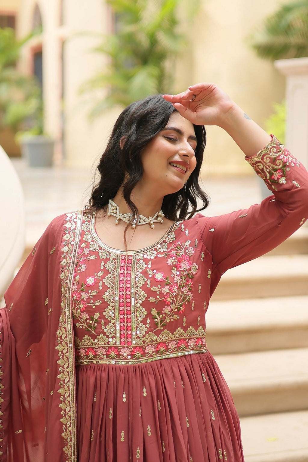 Coffee Chiffon Sequence Embroidery Kurta Set for Women