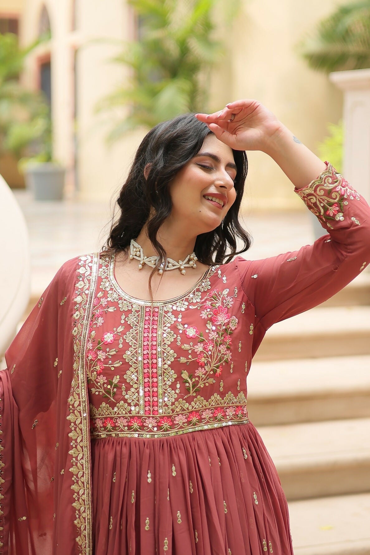 Coffee Chiffon Sequence Embroidery Kurta Set for Women