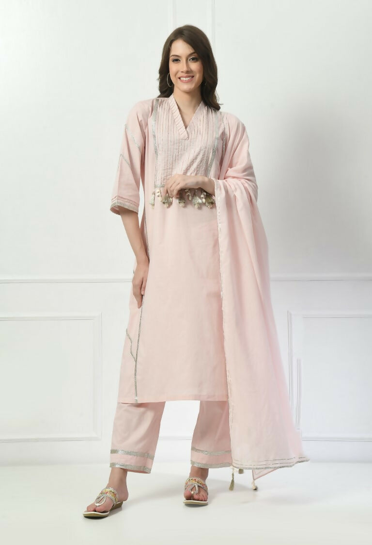 Cream Cotton Kurta Set with Organza Dupatta - 3 Piece Suit