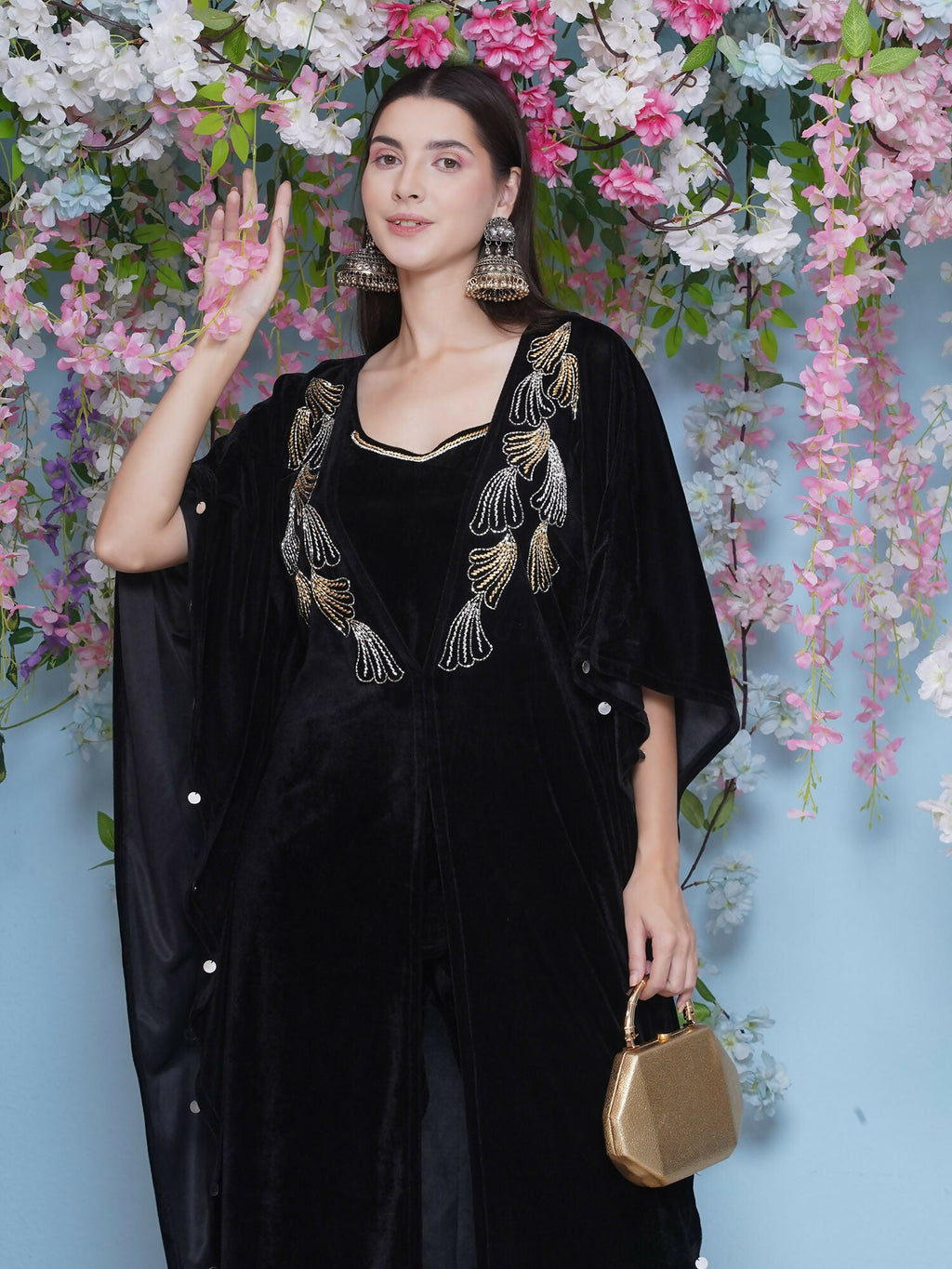 Black Hand Embellished Velvet Kaftan Set with Inner and Pant