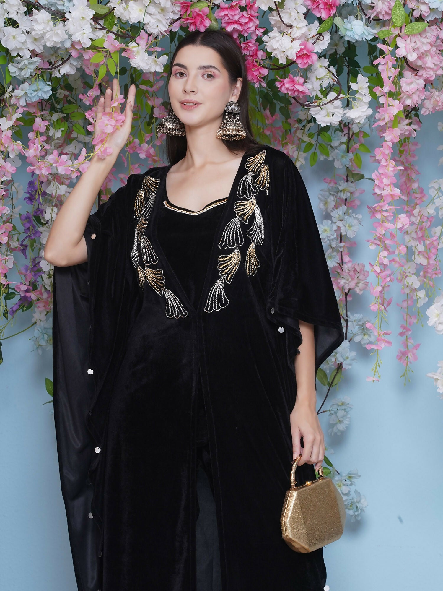 Black Hand Embellished Velvet Kaftan Set with Inner and Pant