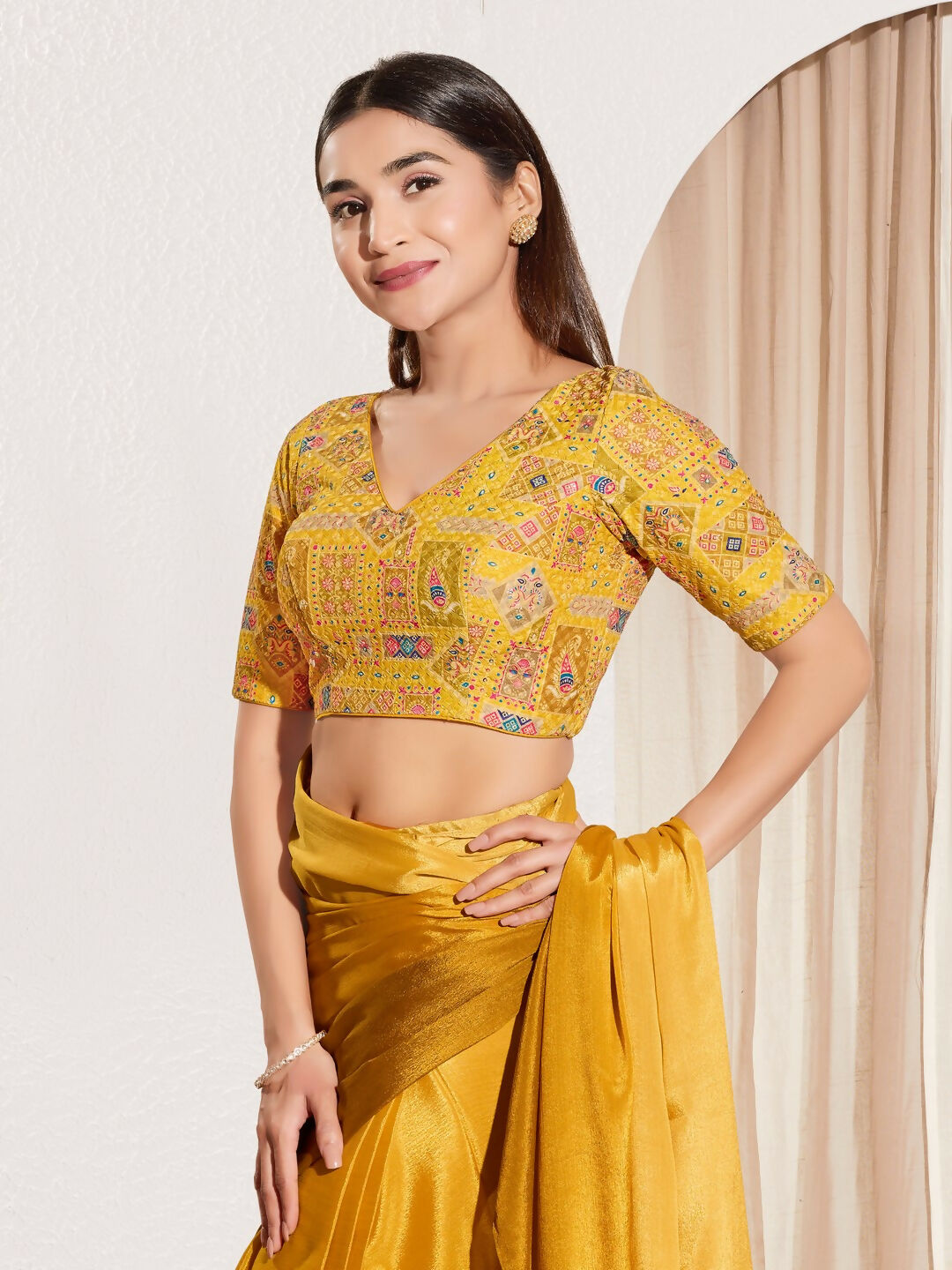 Yellow Viscose Rayon Padded Blouse with V Neck and Elbow Sleeves