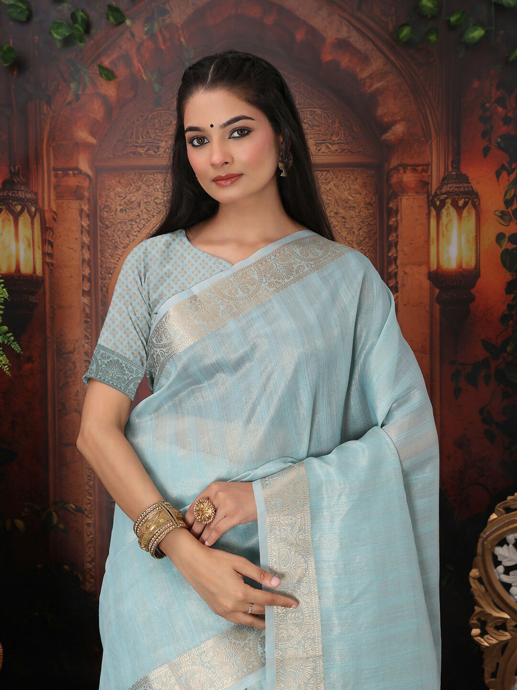 Sky Blue Organza Saree with Matching Blouse Piece