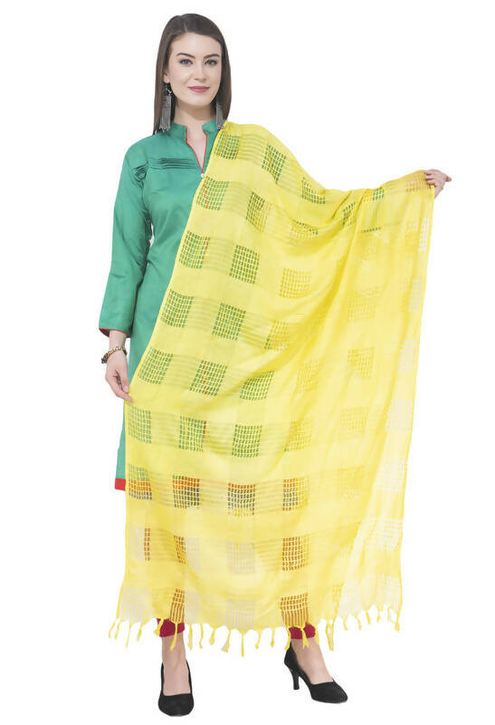 Lemon yellow cotton dupatta featuring a window pattern, styled for ethnic wear