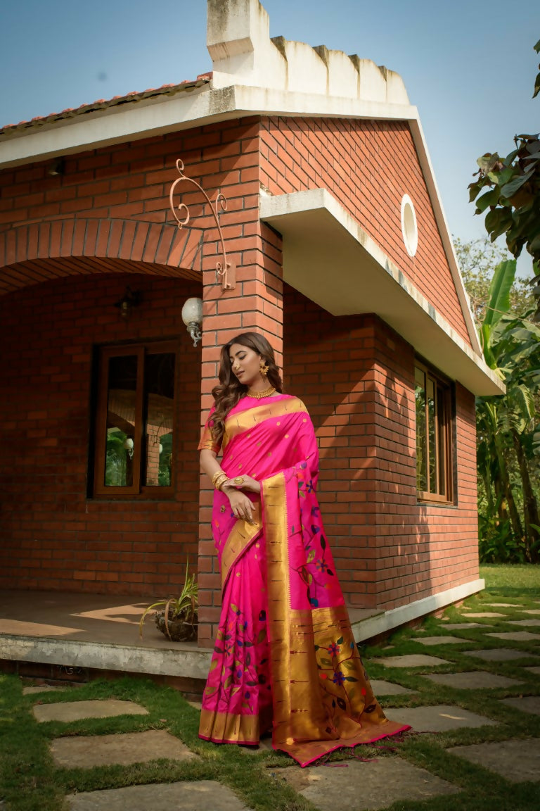Pink Paithani silk saree with zari work and matching blouse
