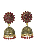 A pair of gold-plated Joharkamal Kundan Jhumka earrings with maroon beads for traditional occasions