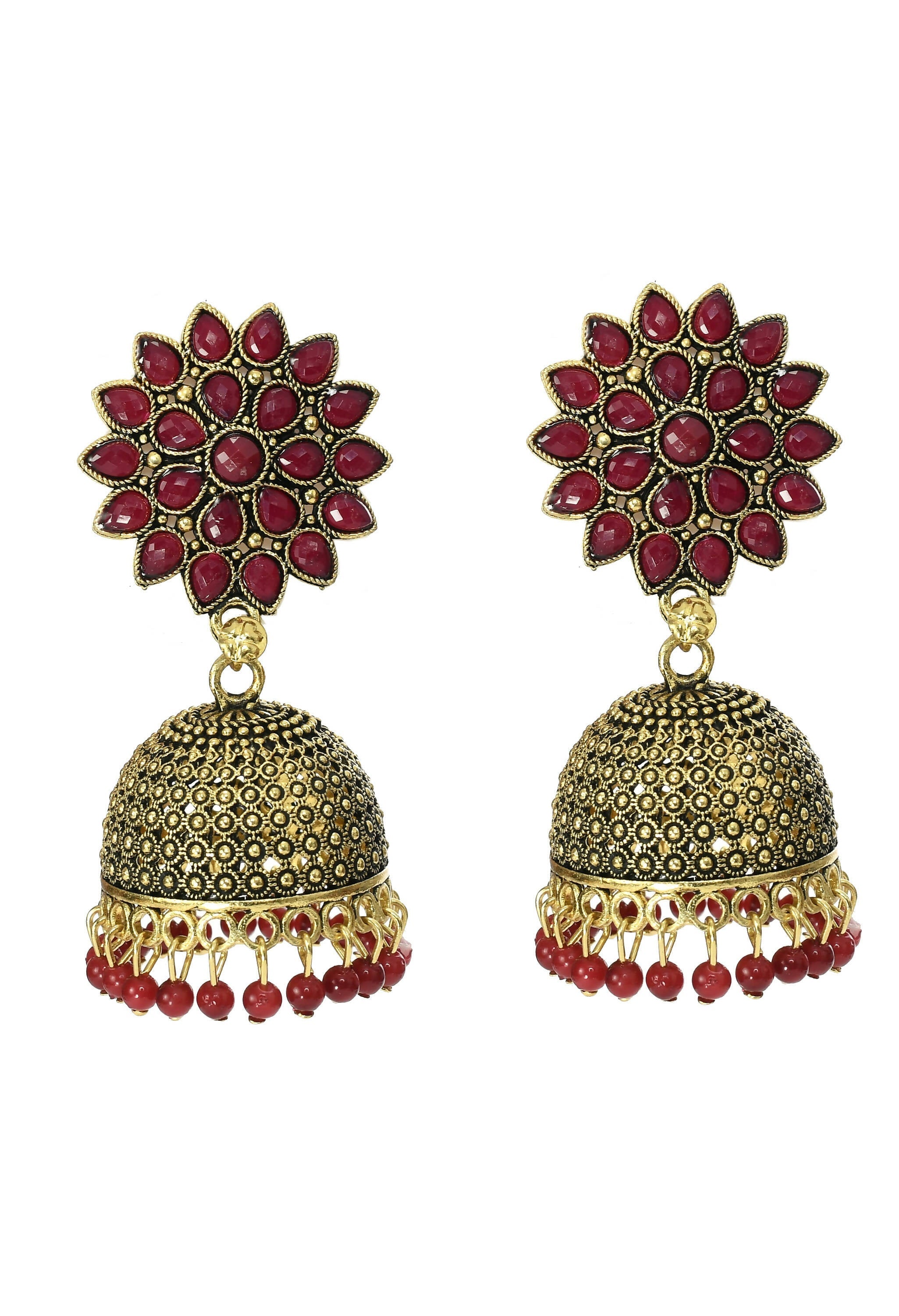 A pair of gold-plated Joharkamal Kundan Jhumka earrings with maroon beads for traditional occasions