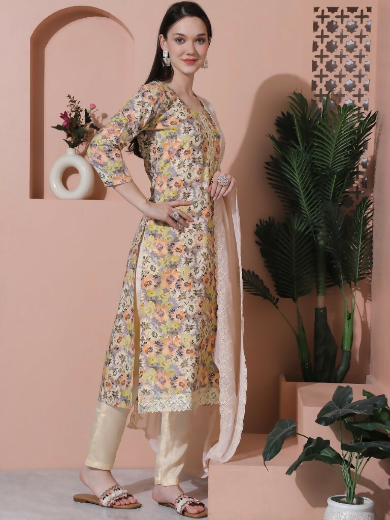 Women's Multicolor Floral Cotton Straight Kurta Trouser & Dupatta Set
