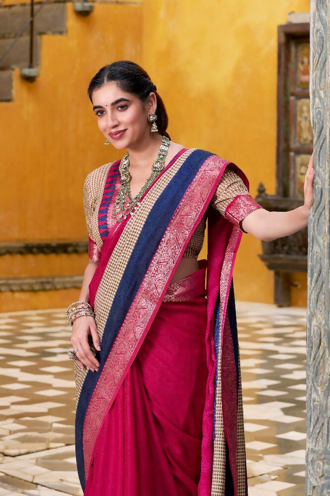 PR Fashion Pink Poly Cotton Printed With Zari Weaving Work Saree