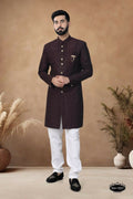 Men's Brown Silk Kurta with all-over heavy thread and sequence embroidery in a straight-cut Indo-Western style.