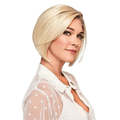 Woman wearing a stylish Opulence Lace Front Wig with a straight page cut in a natural blonde shade.