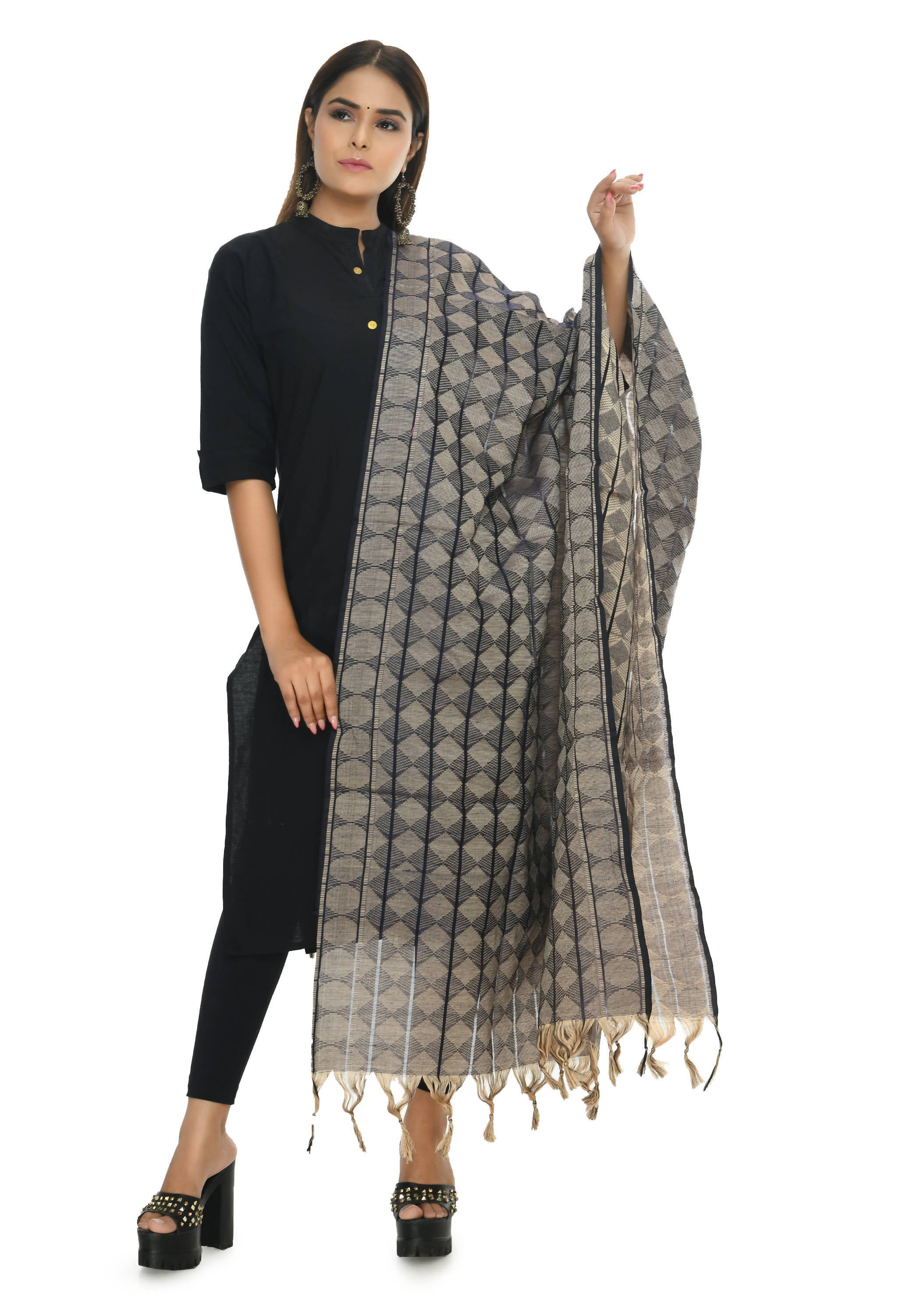 Elegant navy blue handloom cotton dupatta, perfect for versatile ethnic styling.