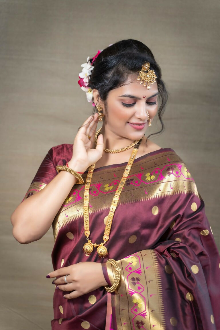 Women's Brown Paithani Silk Zari Woven Saree with Matching Blouse