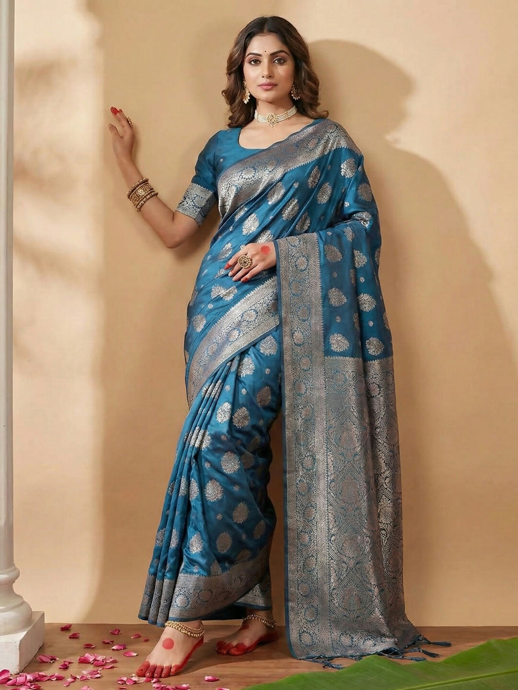 Vibrant teal blue silk blend saree with matching blouse material