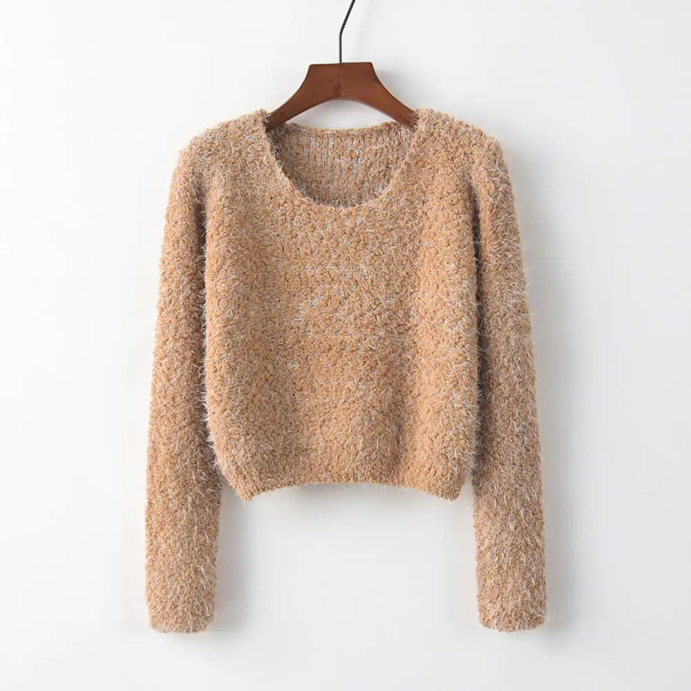 Women's Fuzzy Round Neck Pullover Sweater Soft Knit Long Sleeve - Image 9