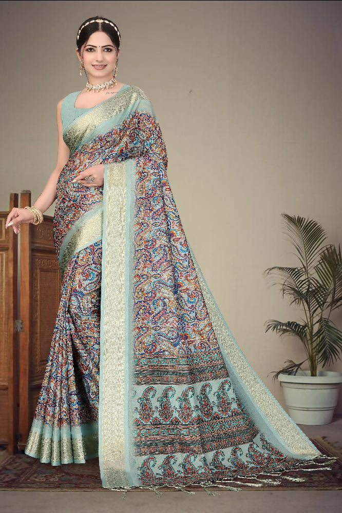 Multi-colored Heavy Rich Cotton Silk saree with vibrant digital prints and Jacquard textures