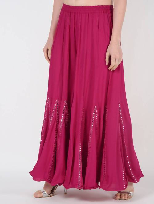 Magenta Flared Viscose Rayon Palazzo with Mirror Lace Work