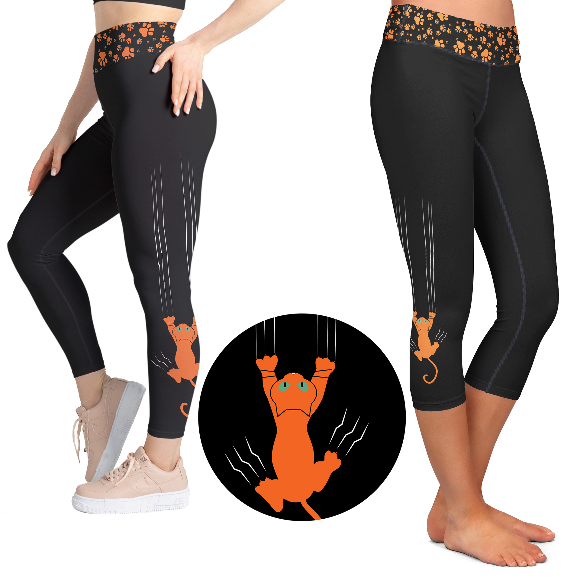 Orange cat print leggings with side pockets in capri or full-length style
