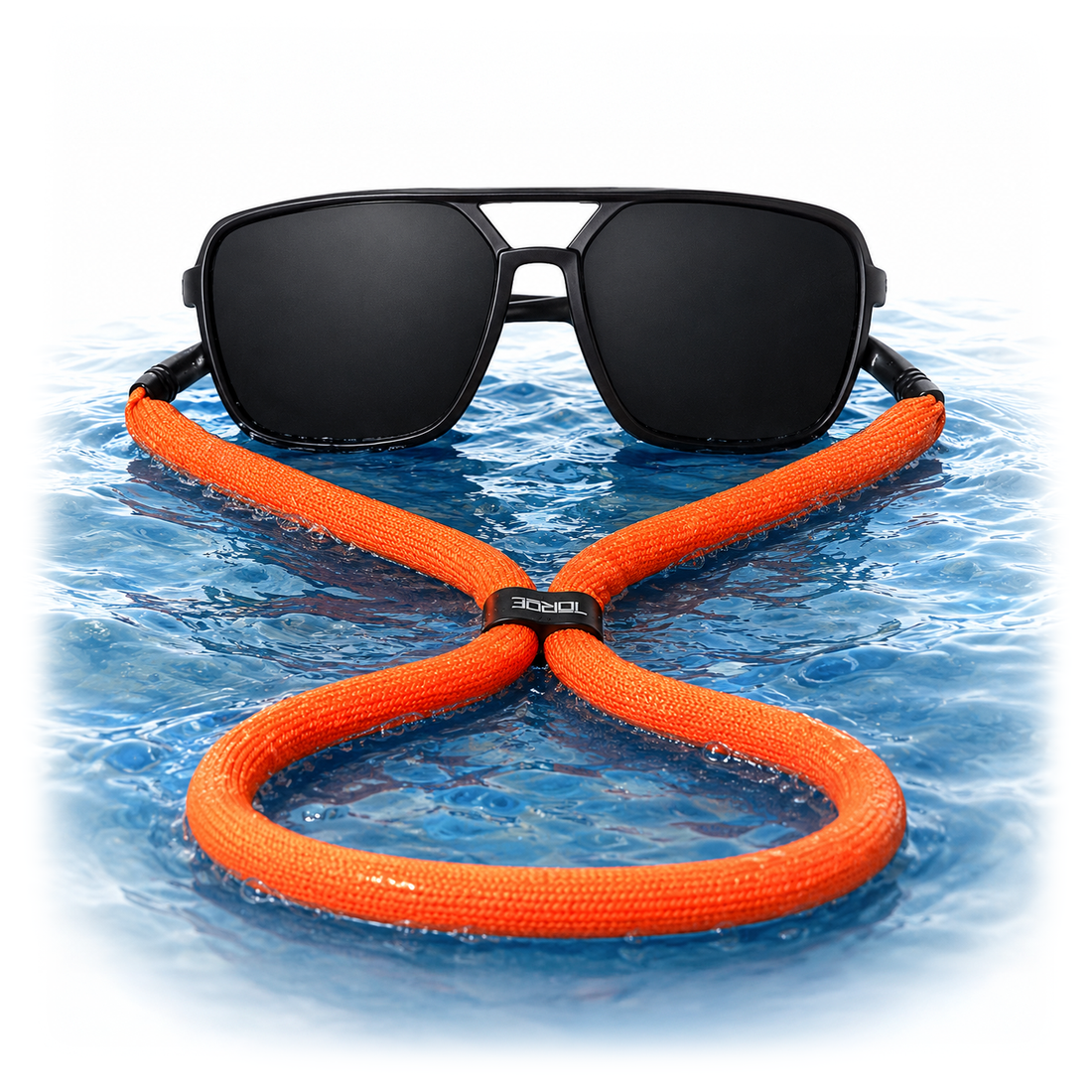 Floating sunglass neck cord with adjustable stopper attached to performance sunglasses