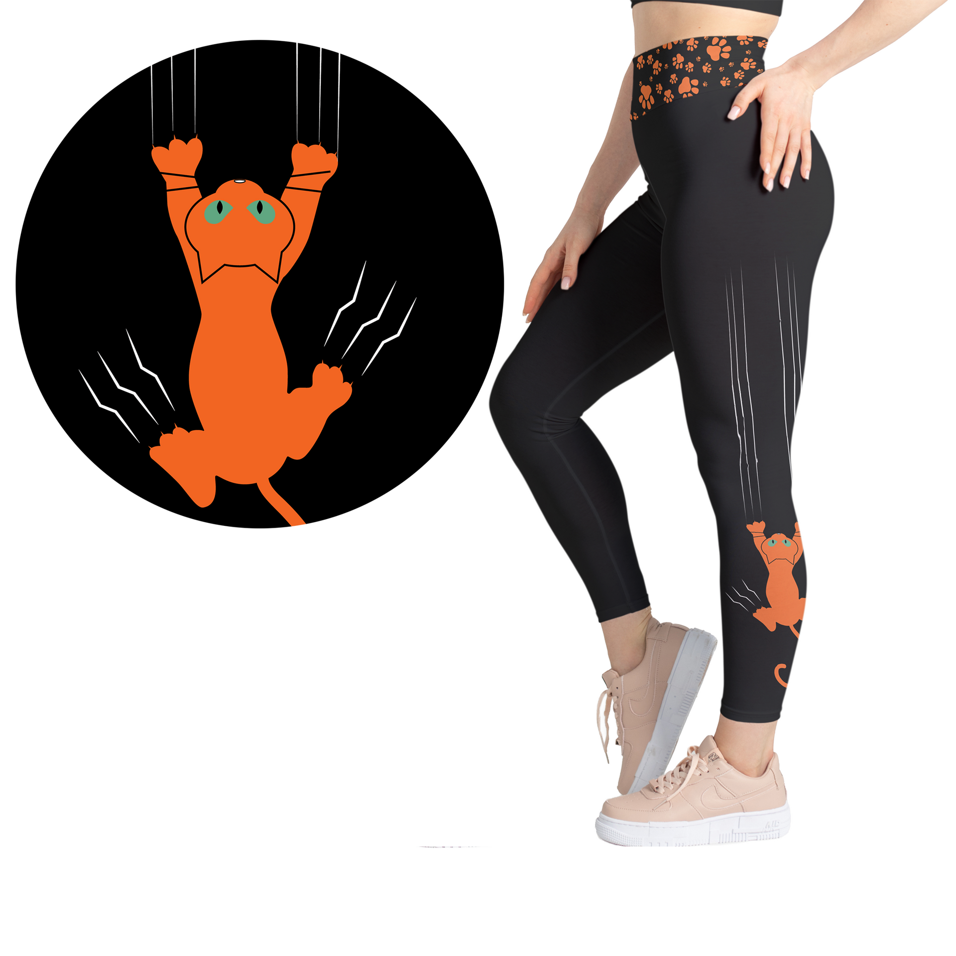 Orange Cat Leggings with Pockets - Full Length or Capri Kitty Print