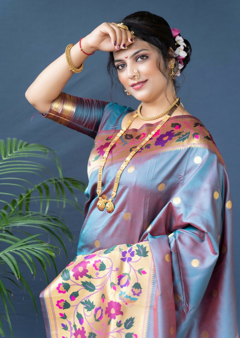 Grey Paithani Silk Saree with Zari Woven Border and Blouse