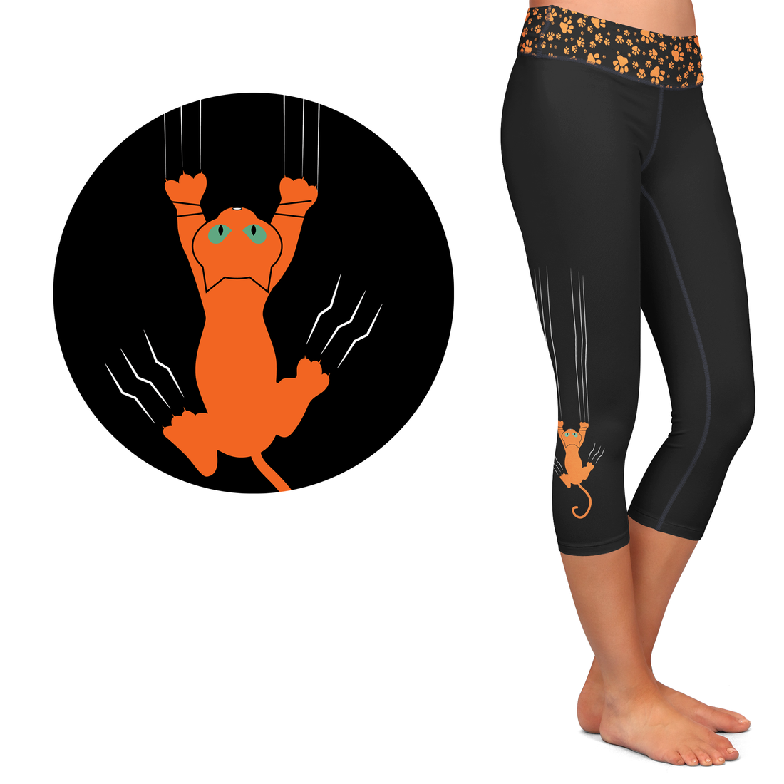 Orange Cat Leggings with Pockets - Full Length or Capri Kitty Print