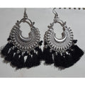 Oxidized silver Afghani Chandbali earrings with black silk tassels