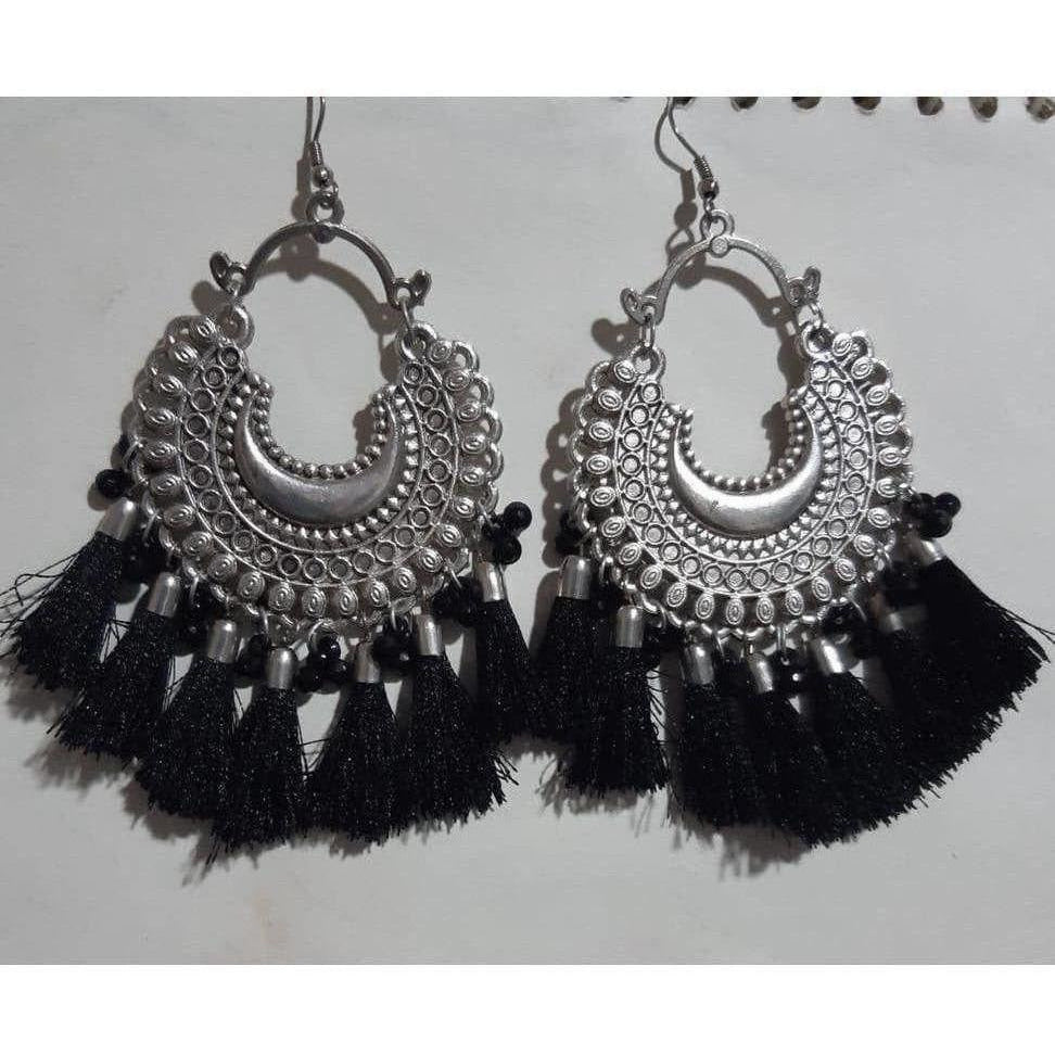 Oxidized silver Afghani Chandbali earrings with black silk tassels