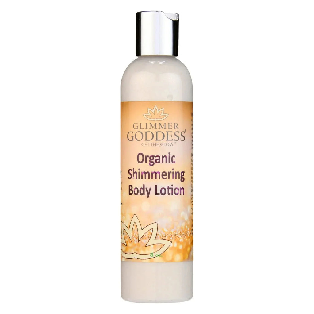 Glimmer Goddess Organic Gold Shimmer Body Lotion in an 8 oz bottle for radiant skin