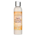 Glimmer Goddess Organic Gold Shimmer Body Lotion in an 8 oz bottle for radiant skin