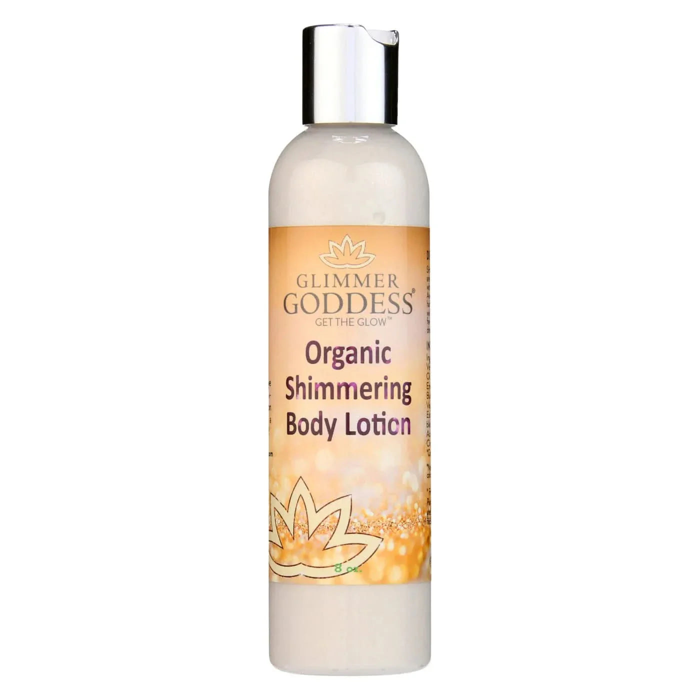 Glimmer Goddess Organic Gold Shimmer Body Lotion in an 8 oz bottle for radiant skin