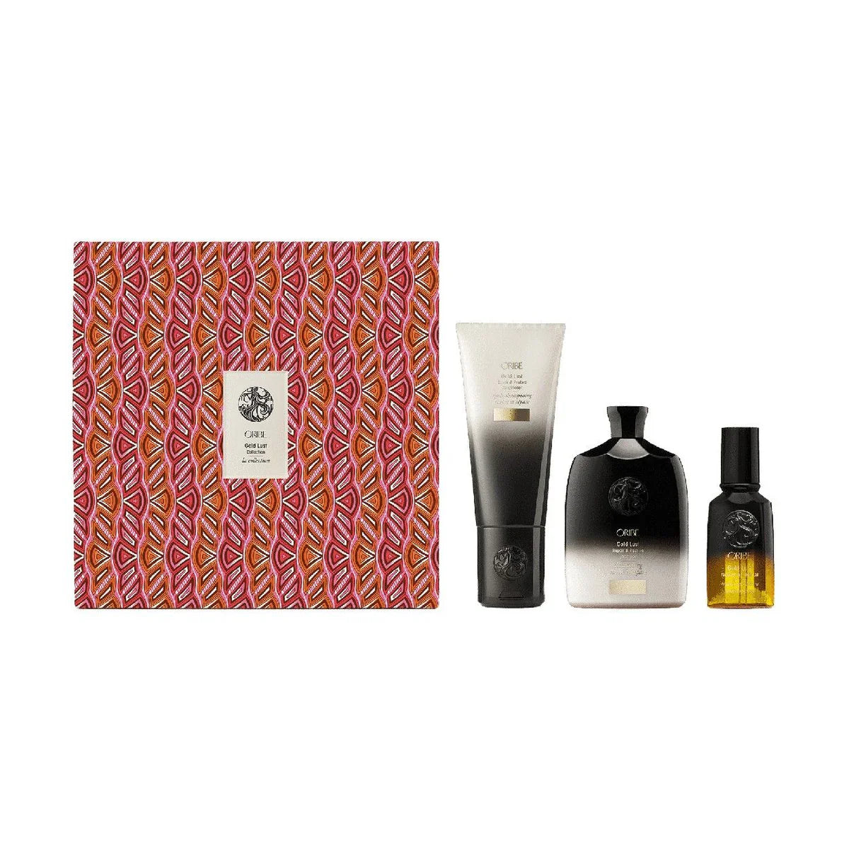 Oribe Gold Lust Collection featuring shampoo, conditioner, and nourishing hair oil bottles.